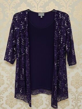 Essentials*Purple Sequin Lace 2-in-1*Open Front Cardigan Set*Size:0X (XL)